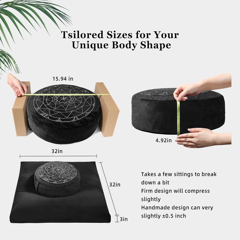 ellier Zafu & Zabuton Meditation Cushion Set - Buckwheat Hull & Memory Foam Pillows, Ergonomic Support for Yoga, Mindfulness - Organic Velvet Cover, Large Size, Durable Comfort (Black) - Image 2